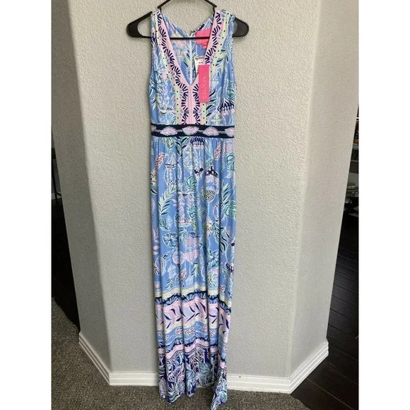chinese dress ladies Lilly Pulitzer Hadly Smocked Cotton Maxi Amalfi Blue Leaf It Wild MD at  Amazon Women's Clothing store